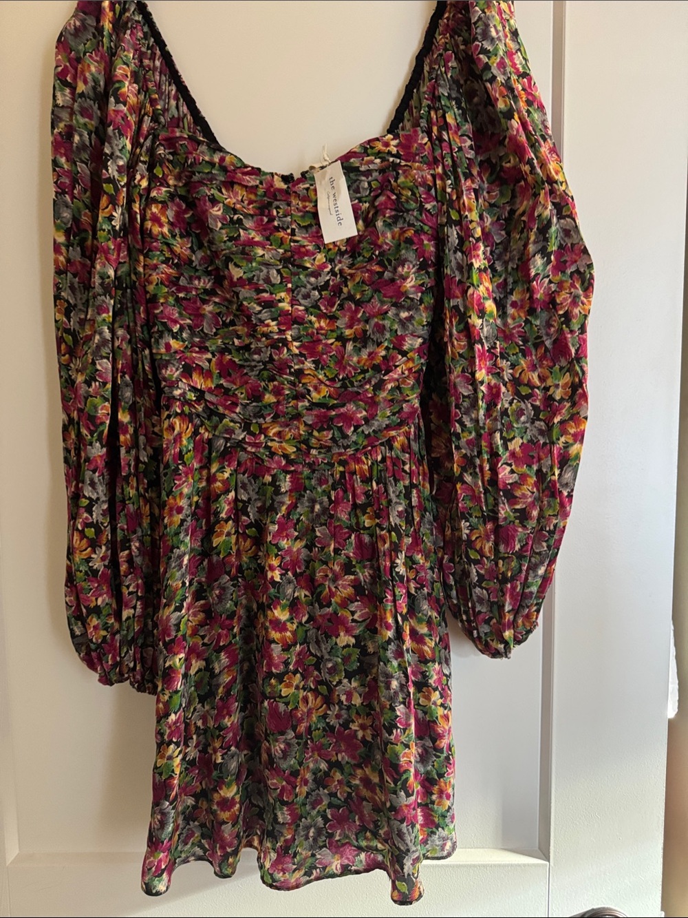 Floral Puff-Sleeve Mini Dress in Pink & Green